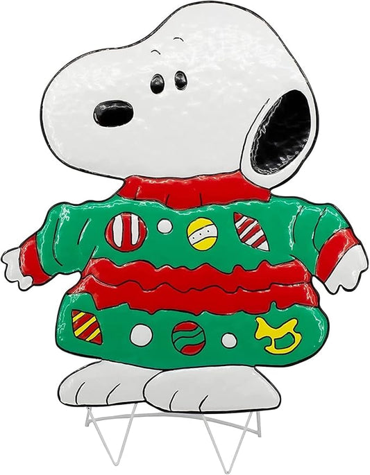 Peanuts Gang Around The Tree Christmas Yard Art Outdoor Christmas Decor Hammered Metal (24'' Snoopy in Ugly Christmas Sweater), 18'' wide x 32'' high-VerdiqueGarden