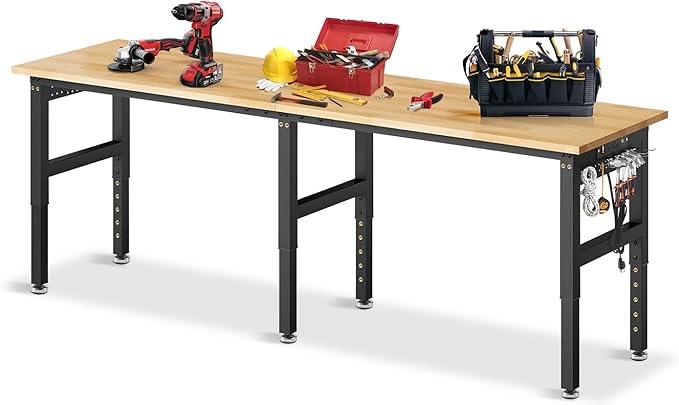 96”Adjustable Work Bench, 5000 LBS Capacity Heavy Duty Workbench with Power Outlet & Pegboard, Rubber Wood Work Table for Garage, Workshop, Office, Home-VerdiqueGarden