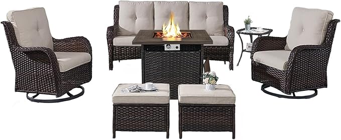 Outdoor Patio Furniture Set with Propane Fire Pit Table, 7 Pieces Wicker Patio Conversation Set with 2 Swivel Glider Rocker Chair Rattan Sofa Beige Cushion Perfect for Casual Gathering-VerdiqueGarden