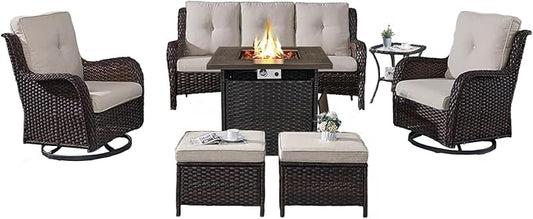 Outdoor Patio Furniture Set with Propane Fire Pit Table, 7 Pieces Wicker Patio Conversation Set with 2 Swivel Glider Rocker Chair Rattan Sofa Beige Cushion Perfect for Casual Gathering-VerdiqueGarden