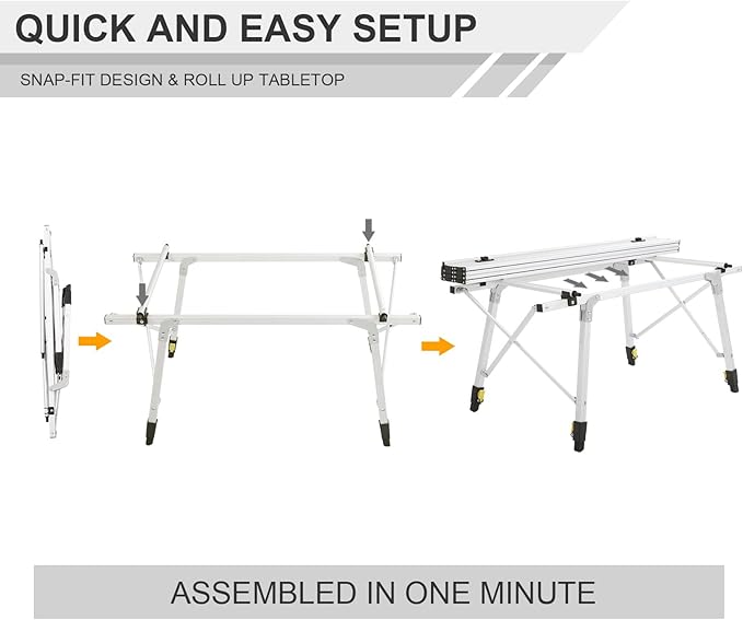 PORTAL Outdoor Folding Portable Picnic Camping Table with Adjustable Height Aluminum Roll Up Table Top Mesh Layer, Silver-VerdiqueGarden