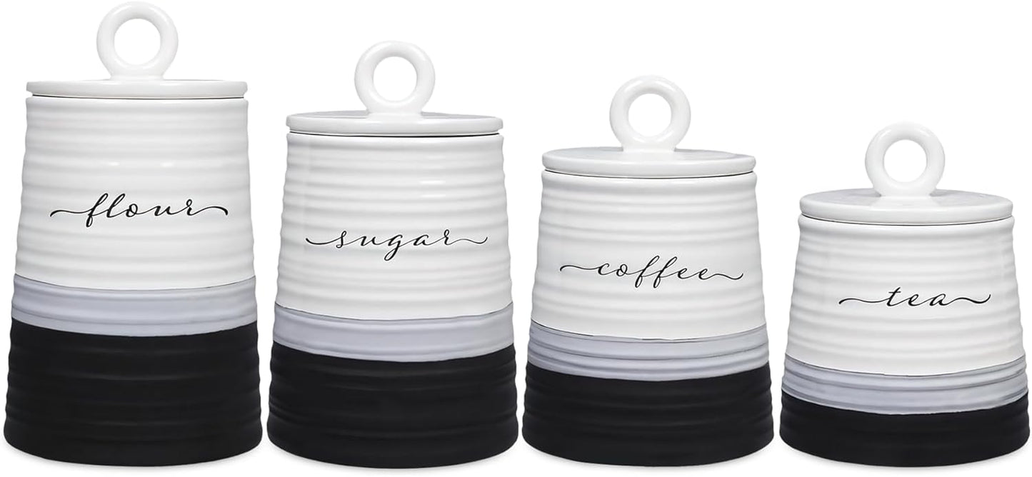 Young's Inc. 4 Pcs Set Rustic Modern Ceramic Canisters- Storage Container for Kitchen and Bathroom - Beautiful Home Decor Accent to Store Food, Coffee, Tea, and More - Black, White-VerdiqueGarden