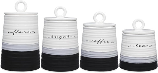 Young's Inc. 4 Pcs Set Rustic Modern Ceramic Canisters- Storage Container for Kitchen and Bathroom - Beautiful Home Decor Accent to Store Food, Coffee, Tea, and More - Black, White-VerdiqueGarden