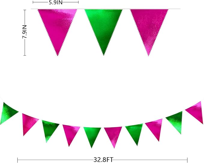 Pink and Green Party Decorations Metallic Hot Pink Light Green Fabric Triangle Pennant Banner Flag Bunting Garland for Witches Theme Birthday Wedding Baby Shower Engagement Bachelorette Party Supplies-VerdiqueGarden
