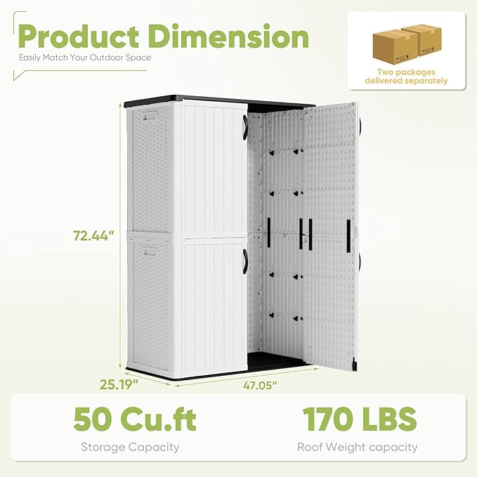 Devoko 50 Cu Ft Outdoor Storage Cabinet - Waterproof Vertical Shed for Patio, Garden & Deck, Heavy-Duty Tool Storage Box for Cushions, Accessories & Equipment, Durable & Weather-Resistant (White)-VerdiqueGarden