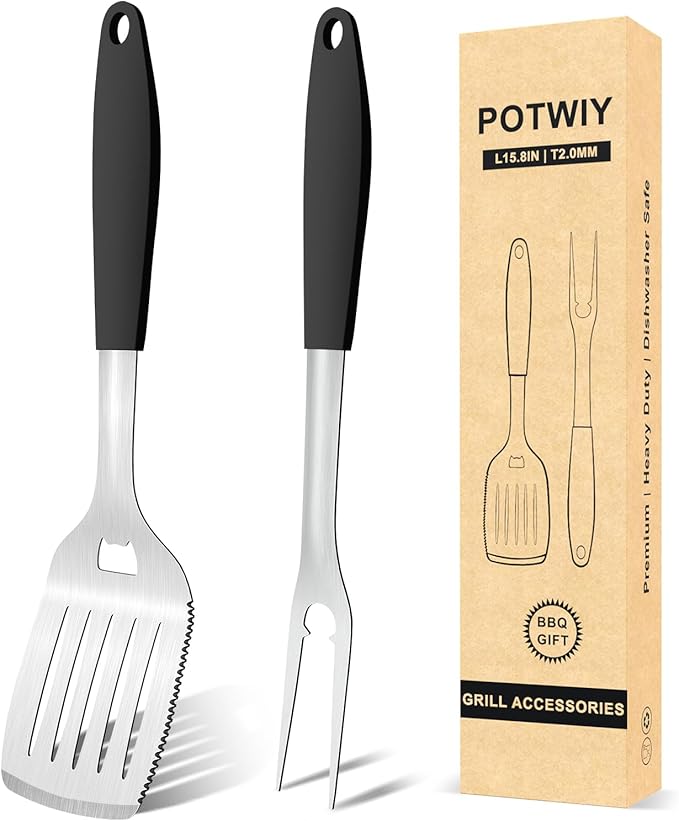 Grill Tools BBQ Accessories Set of 2, 15.8'' Heavy Duty Stainless Steel Grill Utensils with Grill Spatula and Fork, Full Tang Silicone Handle, Outdoor Grilling Tools Barbecue Accessories-VerdiqueGarden