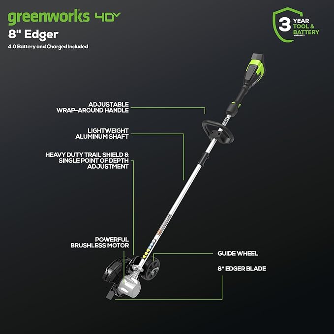 Greenworks 40V 8" Brushless Edger, 4.0Ah USB Battery and Charger Included-VerdiqueGarden