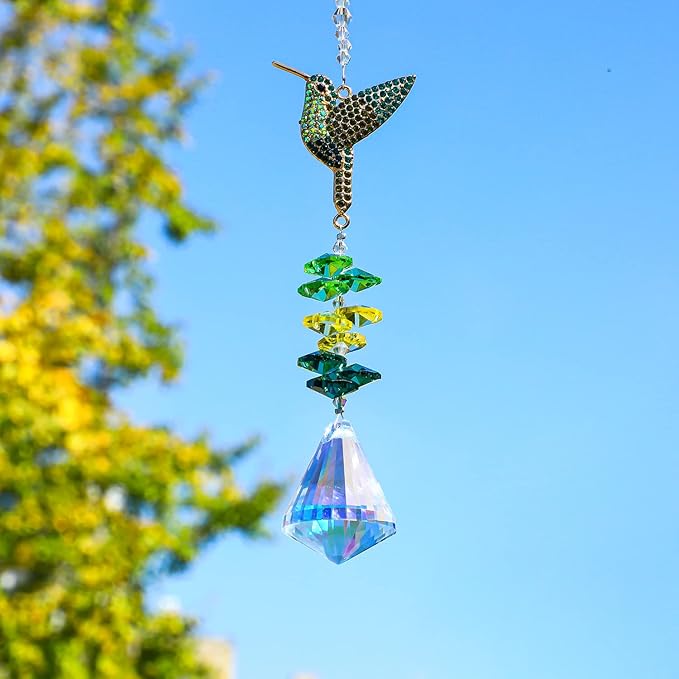 Rhinestones Hummingbird with Crystal Sun Catcher, Glass Window Hanging Ornament,Crystal Prism Suncatcher Outdoor Indoor Home Garden Party Decoration-VerdiqueGarden