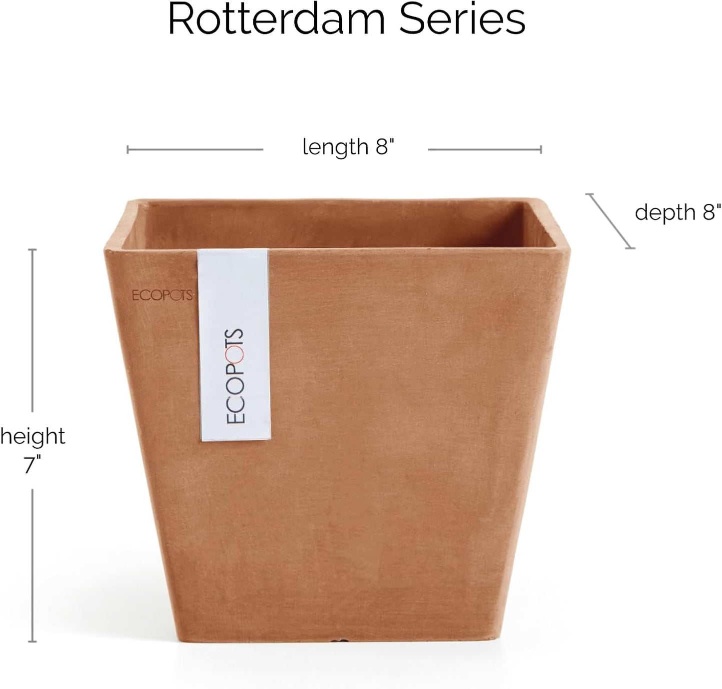Ecopots Rotterdam Durable Modern Square Indoor/Outdoor Recycled-Based Composite Flower Planter, Terracotta Color, 8"-VerdiqueGarden