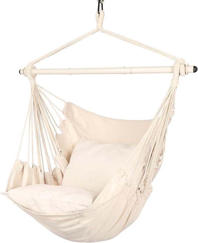 Highwild Hammock Chair Hanging Rope Swing - Max 500 Lbs - 2 Cushions Included - Steel Spreader Bar with Anti-Slip Rings - for Any Indoor or Outdoor Spaces (Beige)-VerdiqueGarden