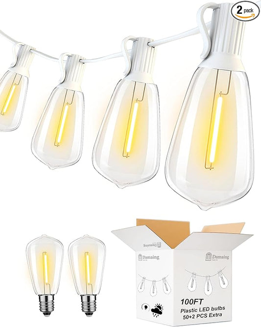 DAMAING LED Outdoor String Lights 100FT Patio Lights with 52 Shatterproof Edison Bulbs,Dimmable Hanging Lights,Waterproof String Lights for Outside Wedding,Bistro,Porch,Backyard,2200K-VerdiqueGarden