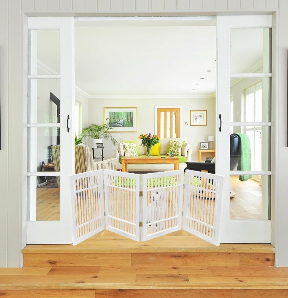 Pet Dog Gate Strong and Durable Freestanding Folding Acacia Hardwood Portable Wooden Fence Indoors or Outdoors by Urnporium (White Pet Gate, 4 Panel 24" Tall)-VerdiqueGarden