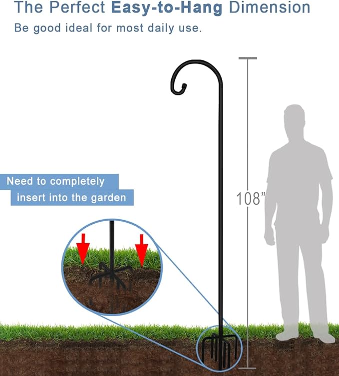 108 inch Outdoor Shepherd Hook with 5 Prong Base (2 Packs), Adjustable Heavy Duty Garden Hanging Stake for Bird Feeder Solar Light Plant Hanger Wedding Decor, Matte Black-VerdiqueGarden