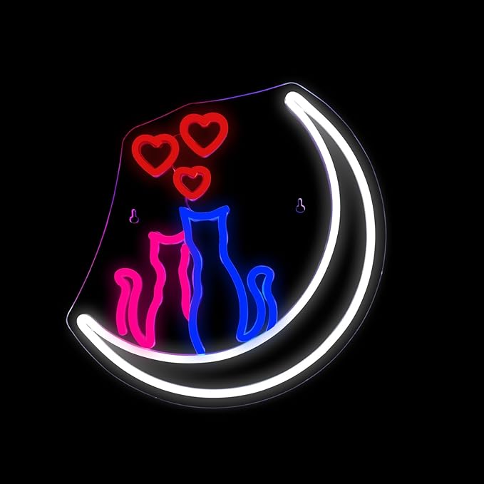 Two Cats on Moon Neon Sign,Cute Couple Kittys Neon Lights for Wall Decor,Kawaii Animal 3D LED Neon,USB Light Up Signs for Girls Bedroom Bar Home Party Valentine's Day Cat Lovers Weddings-VerdiqueGarden