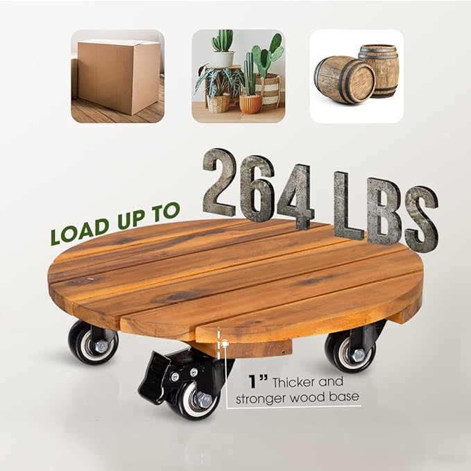 Idzo 2pack Wood Plant Caddy With Wheels Heavy Duty, 264 Lbs Capacity, 12 Inch Acacia Hardwood Plant Dolly, Plant Stand with 360° Lockable Wheels, Plant Caster for Heavy Objects Hauling - Natural Wood-VerdiqueGarden