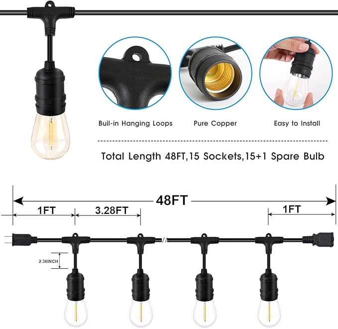 48ft LED Outdoor String Lights with 15+1(Spare) 1W Shatterproof Bulbs, Black Waterproof IP65 Connectable Outdoor Decorative Lights for Garden Patio Cafe Bistro Backyard Porch, UL Listed-VerdiqueGarden