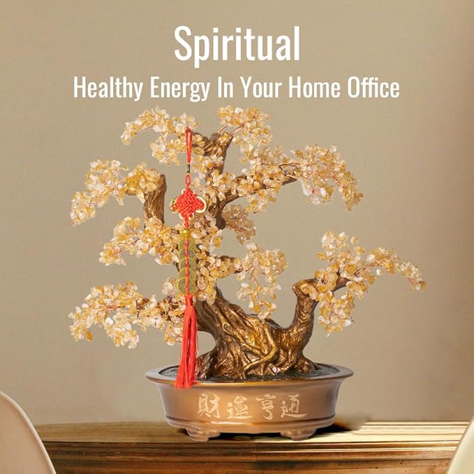 Natural Citrine Gemstone Crystal Bonsai Tree of Life（1,350 Gemstone Count） Large Feng Shui Money Chakra Tree for Luck and Wealth Desk Decoration 20 Inches-VerdiqueGarden