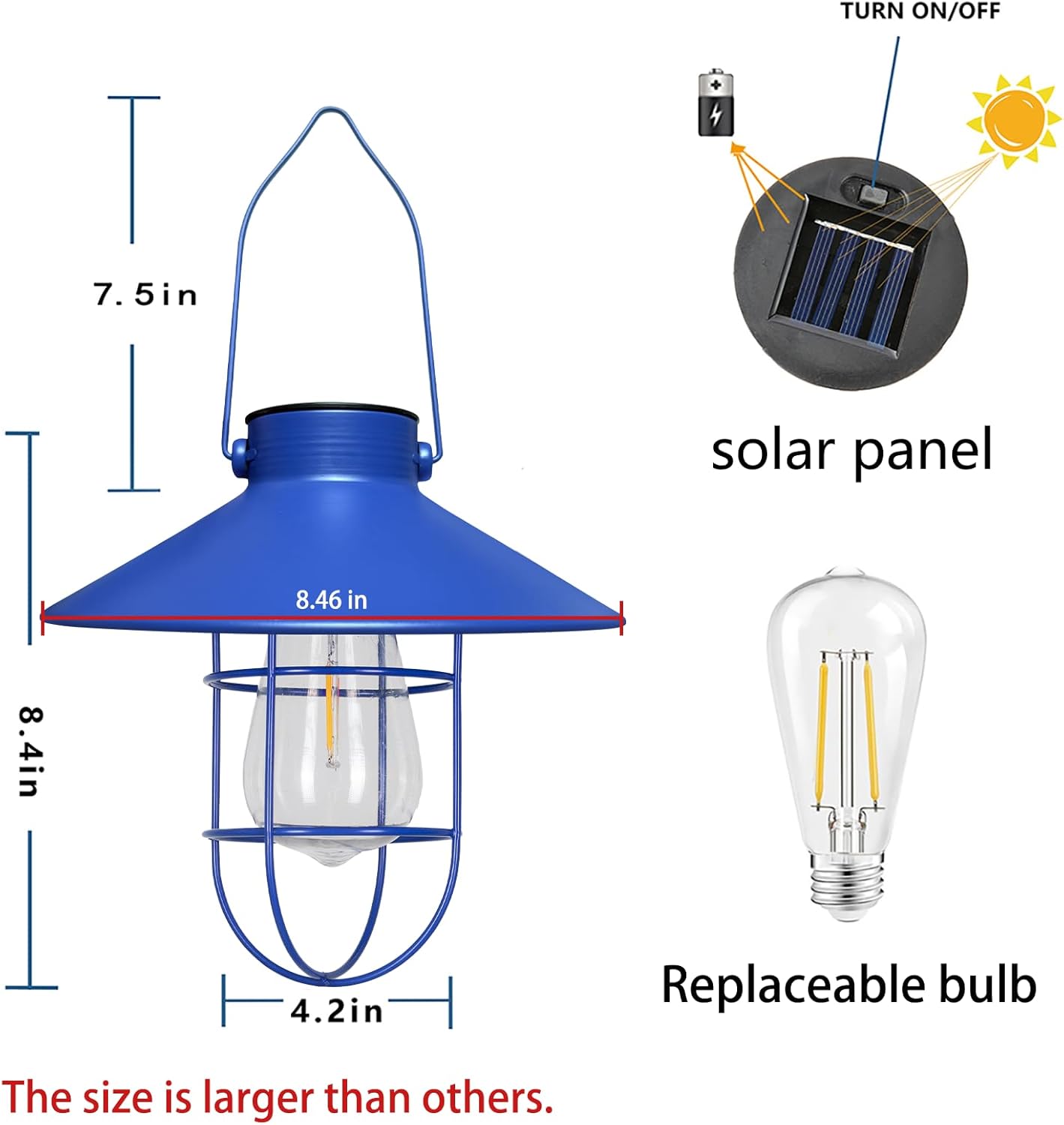 pearlstar Solar Lantern Outdoor Hanging Light Metal Farmhouse Solar Lamp with Warm White Edison Bulb Design for Garden Yard Patio Proch Decor(Blue)-VerdiqueGarden