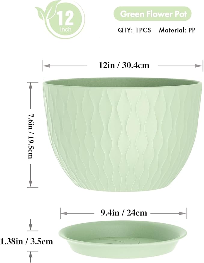 12 Inch Large Plant Pots for Indoor or Outdoor Plants, Wide Water Ripples Flower Pots with Drainage Holes & Saucer, Plastic Planters Set for Garden & Home Decor (Green)-VerdiqueGarden
