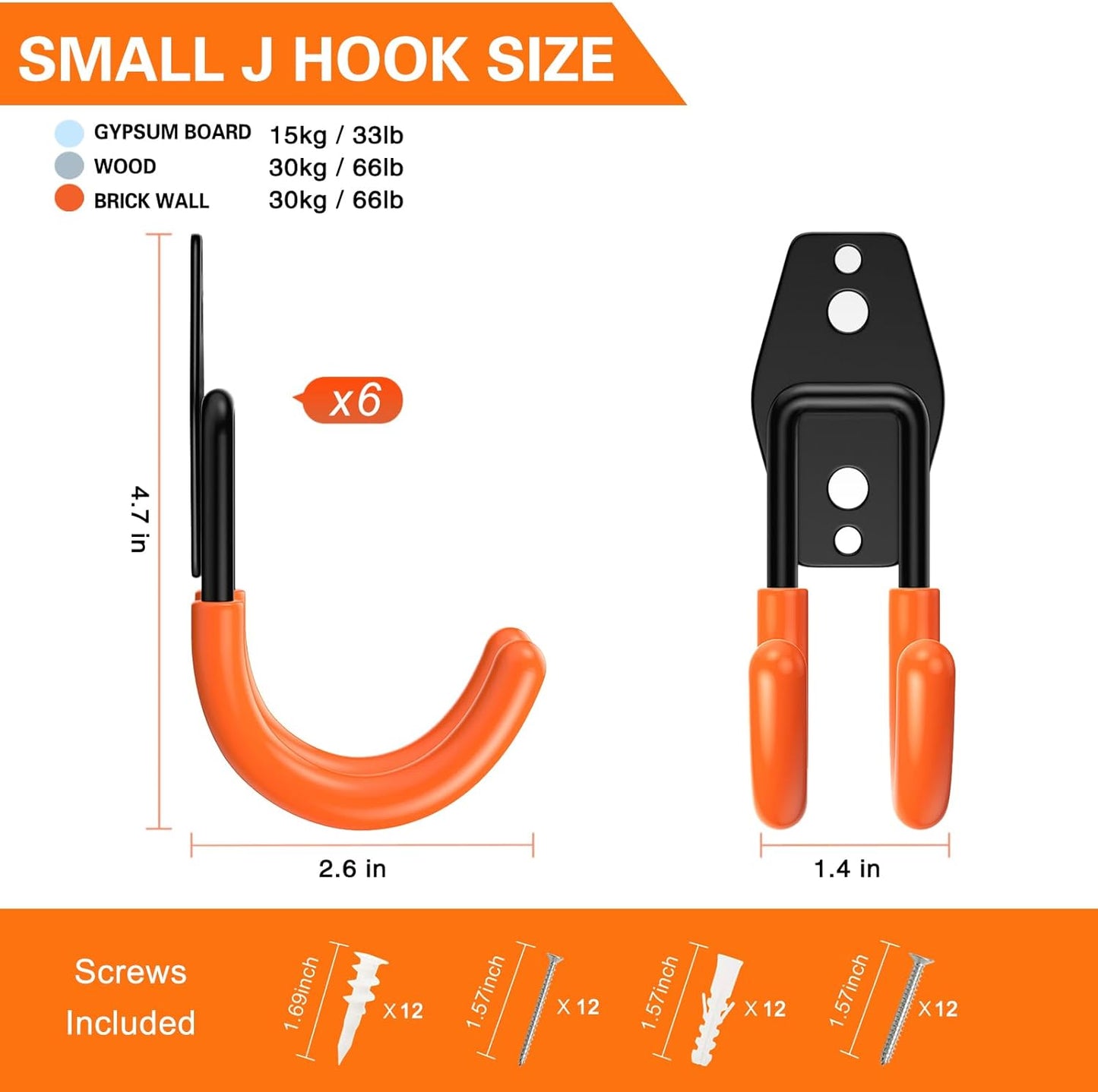 Heavy Duty Garage Hooks 6 Pack, J Shaped Hanger, Wall Mounted Storage System, Power and Garden Tool Organizer, for Hanging Ladders, Bikes Tires, Hose, Bulk Items-VerdiqueGarden