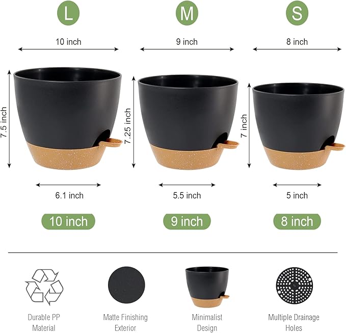 10/9/8 inch Self Watering Pots, Set of 3 Plastic Planters with Mesh Drainage Holes and Deep Reservoir for Indoor Outdoor Garden Plants and Flowers, Black with Brown-VerdiqueGarden