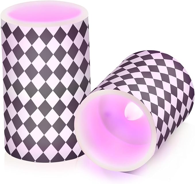 Flickering Flameless Candles, Black White Rhombuses Checkered LED Candles with Remote Timer, Set of 2 Battery Operated Candle for Valentine Wedding Birthday-VerdiqueGarden