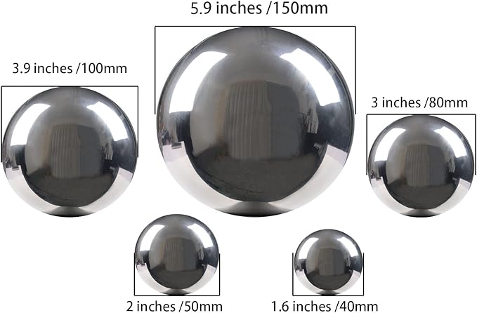Nerien Gazing Ball, Stainless Steel Garden Mirror Globe, Polished Ornament Sphere, Hollow Floating Reflective Hemisphere, for Home Outdoor Pond Housewarming Swimming Pool Decoration, Silver, 5Pcs Mix-VerdiqueGarden