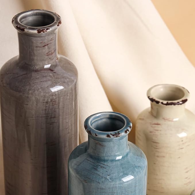 CUCUMI Ceramic Flower Vases Set of 3, Rustic Coastal Home Decor for Farmhouse Shelves, Ocean Beach Style, Mantle, Fireplace, Coffee Table, Shelf for Living Room-VerdiqueGarden
