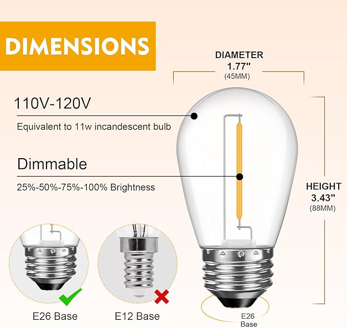 48 Pack LED S14 Replacement Light Bulbs, Shatterproof Outdoor 1 Watt to Replace 11Watts String Incandescent Bulb, Dimmable, E26 Regular Medium Screw Base, 2200K Warm White-VerdiqueGarden