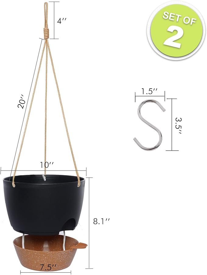 10 Inch Self Watering Hanging Pots, 2 Pack Hanging Planters with 40oZ Deep Reservior for Indoor Outdoor Plants Flowers, Black with Brown-VerdiqueGarden