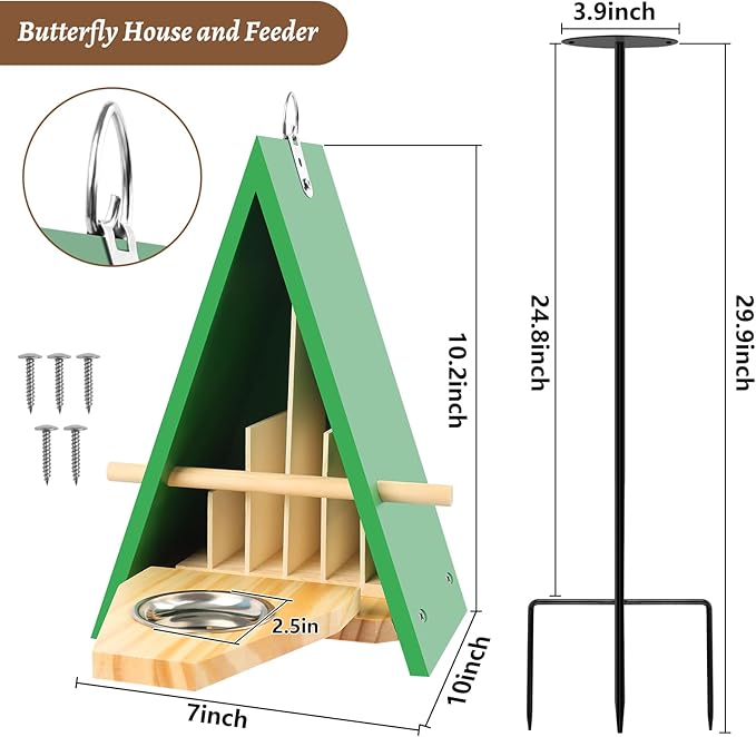 2025 New Butterfly House and Feeder for Outside, Wooden Butterfly House with Metal Stake for Garden, Natural Butterfly Habitat with Butterfly Puddler on The Floor or Hanging on Tree Wall-VerdiqueGarden