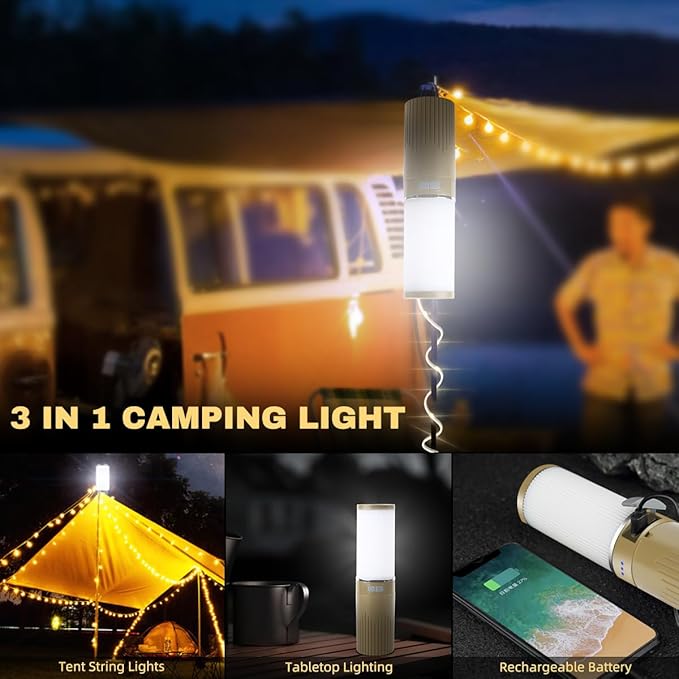 Camping Lantern with 49.2FT String, 2 in 1 Outdoor Warm White String Lights with 4 Modes & 5 Modes Rechargeable Camping Lamp IPX4 Waterproof Portable LED Tent Light for Outdoor Yard Garden Decoration-VerdiqueGarden