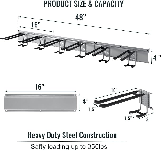 Wall Mount Tool Storage Rack, Heavy Duty Garage Organizer, Garden Hooks and Hangers, Hold Up to 350lbs Grey AK806-VerdiqueGarden