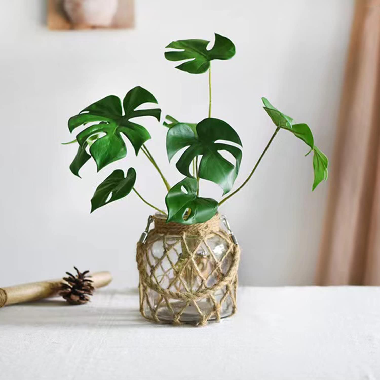 Rustic Hanging Mason Nautical Jar Creative Rope Net Dry Flower Glass Vase with Handle 6.5 Inch-VerdiqueGarden