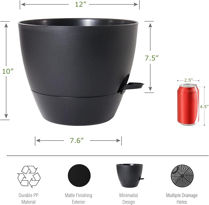 12 inch Large Self Watering Pots, Plastic Planters with 60oZ Removable Deep Reservoir and Multi Mesh Drainage Holes for Indoor Outdoor Garden Plants and Flowers, Black-VerdiqueGarden