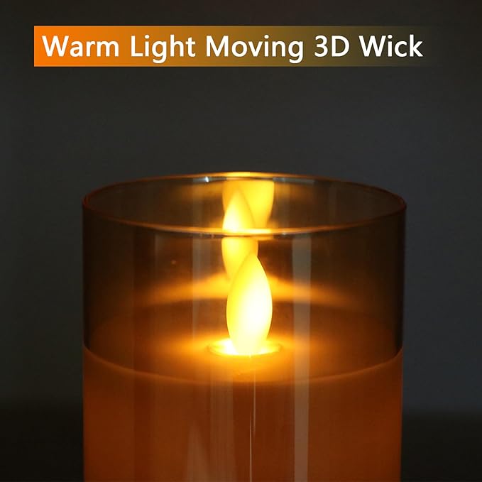 Glass Flickering Flameless Candles with Remote Timer, LED Pillar Candles Battery Operated with 3D Realistic Wick, Real Wax Fake Candles Home Decor for Wedding Festival Party(Gold)-VerdiqueGarden
