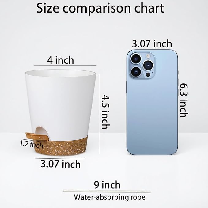 12 Pack 4 Inch Self Watering Plant Pots with Drainage and Saucers，Plastic Flower Pots for Indoor and Outdoor Plants, Nursery Planters for Houseplants and Herbs White Brown, 4 inch 12pcs-VerdiqueGarden