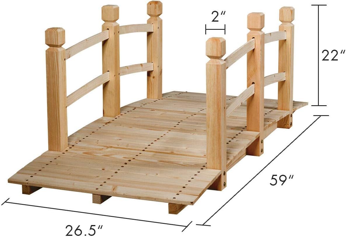 HAPPYGRILL Wooden Bridge, Natural Wood Garden Bridge with Guardrails, Outdoor Pond Bridge for Garden Backyard Decoration 5FT-VerdiqueGarden