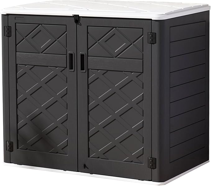Resin Outdoor Storage Shed, 38 cu.ft Outdoor Storage Box Waterproof for Garden Tools, Patio Furniture, Trash Cans, Garage Storage, Lockable (Black)-VerdiqueGarden