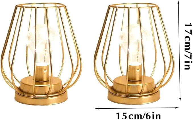 TRIROCKS Set of 2 Metal Battery Operated Lamp 7'' Tall Cage Shape Cordless Table Lamp Battery Lanterns with Warm Fairy Lights Bulb for Patio Garden Wedding Parties Indoor Outdoor(Gold)-VerdiqueGarden