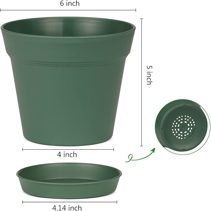 Homenote Plant Pots,15 Pack 6 inch Flower Pots with Multiple Drainage Holes and Saucers,Plastic Planters for All Home Garden Flowers Succulents(Green)-VerdiqueGarden