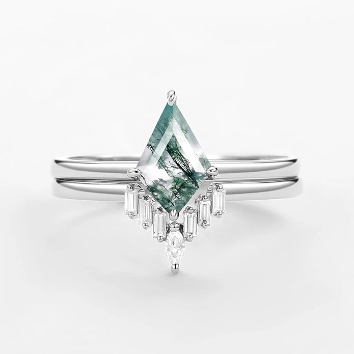 Natural Moss Agate Bridal Ring Set for Women 1CT Kite-cut Moss Agate Engagement Ring Set 925 Sterling Silver 10K 14K 18K Gold Classic Wedding Ring Set
