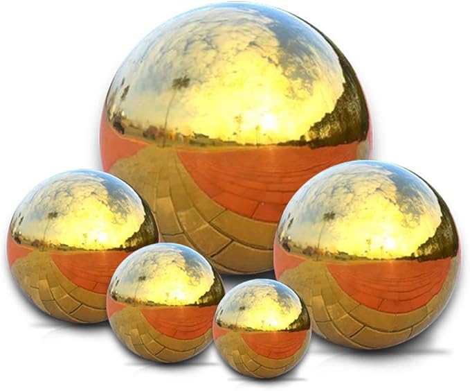 Nerien Gazing Ball, Stainless Steel Garden Mirror Globe, Polished Ornament Sphere, Hollow Floating Reflective Hemisphere, for Home Outdoor Pond Housewarming Swimming Pool Decoration, Gold, 5Pcs Mix-VerdiqueGarden