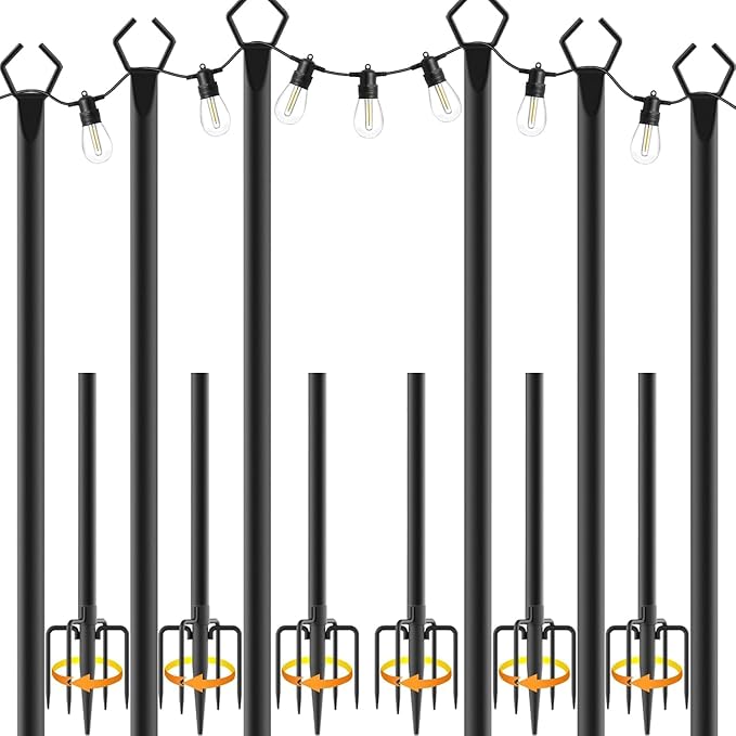 10Ft String Light Poles 6 Pack,Light Poles for Outside Lights,Outdoor with Fence Brackets Hanging Lights,Metal Stand Deck Patio Backyard-VerdiqueGarden
