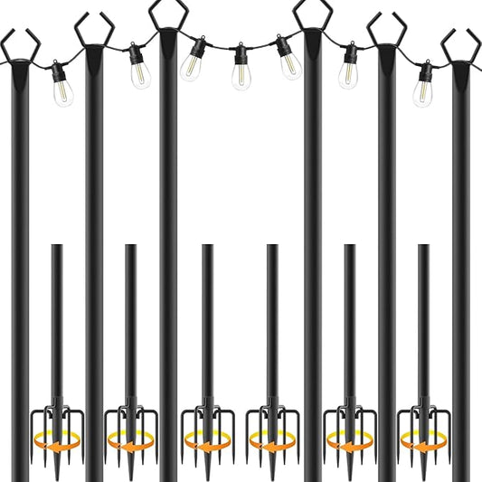10Ft String Light Poles 6 Pack,Light Poles for Outside Lights,Outdoor with Fence Brackets Hanging Lights,Metal Stand Deck Patio Backyard-VerdiqueGarden