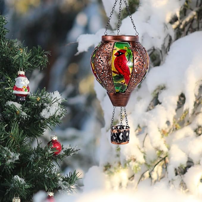 Starsoul Cardinal Hot Air Balloon Solar Lantern with Flame Candle, Hanging Hot Air Balloon Outdoor Solar Lanetrns Waterproof for Garden Patio Yard, Mother's Day Xmas Christmas Woman Gifts-VerdiqueGarden
