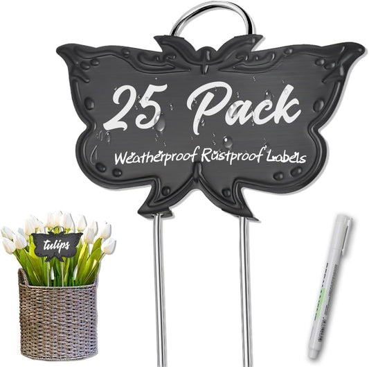 Metal Plant Labels, Tall Outdoor Butterfly Garden Markers for Flowers, Fruits and Vegetables, 304 Stainless Steel Weatherproof Signs (25 Packs, 4" x 2.3", Black Butterfly Design)-VerdiqueGarden