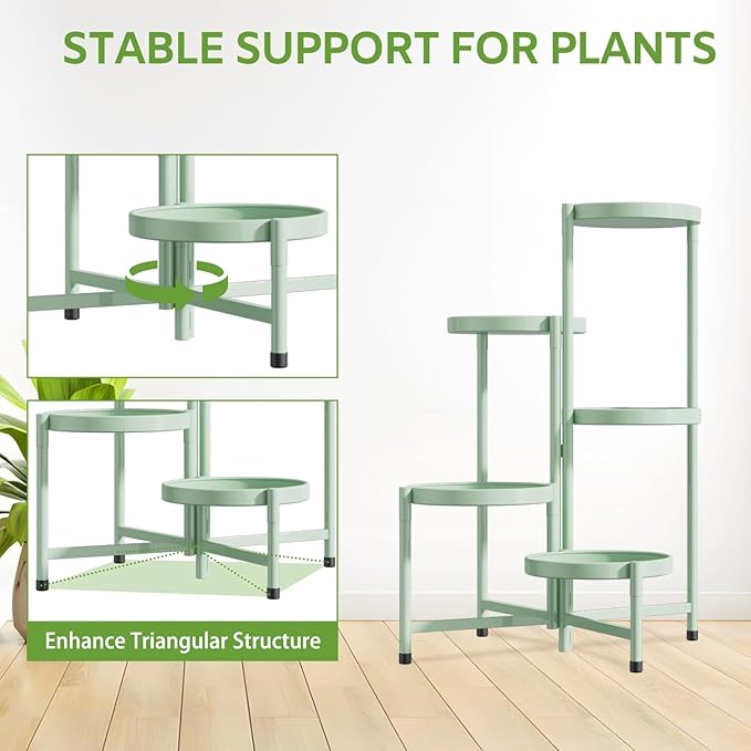 iDavosic.ly 5 Tier Large Plant Stand Indoor, 10 Inch Wide Corner Tall Metal Plant Stands Outdoor for Multiple Plants, Folding Tiered Flower Display Holder Rack Shelf, Light Green-VerdiqueGarden