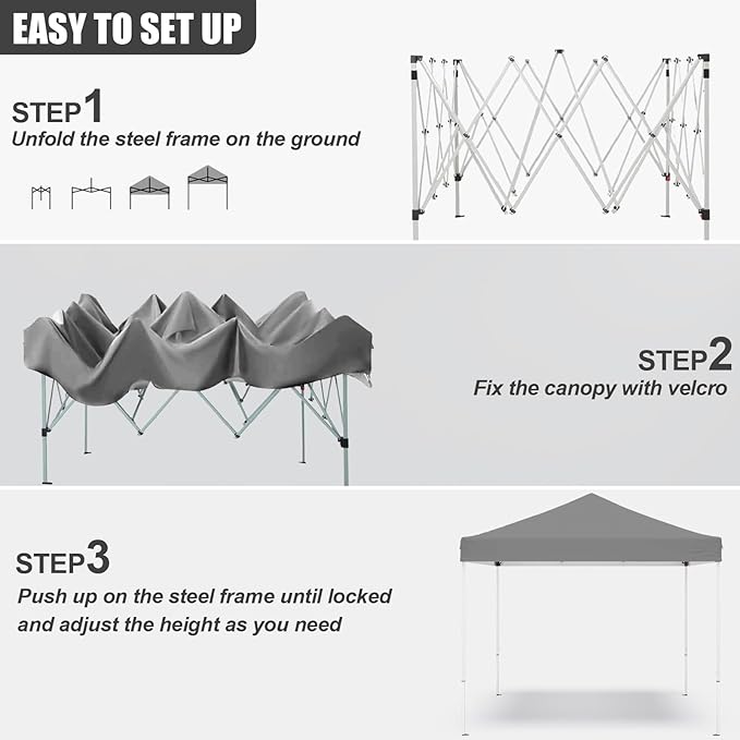 10x10ft Pop Up Canopy Tent,Heavy Duty Waterproof Folding Tent for Camping Parties Events Parties,Outdoor Canopy,Portable Sun Shelter,3 Adjustable Height(Grey)-VerdiqueGarden