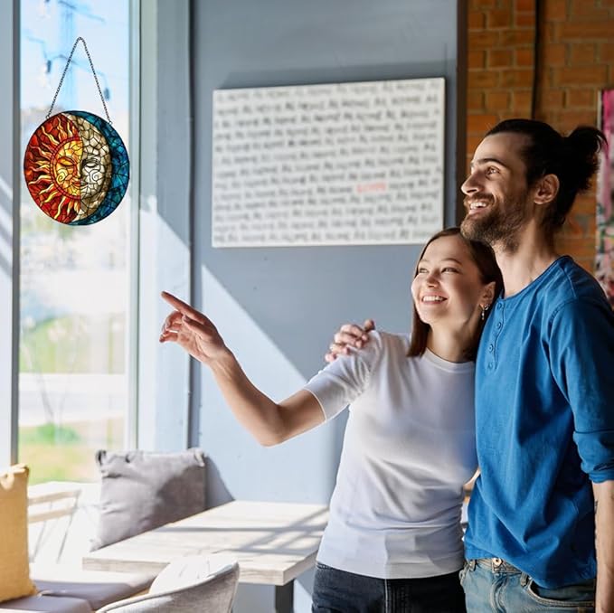 Sun and Moon Suncatcher Stained Glass Window Hanging - Handmade Stain Glass Suncatchers with Chain - Sun Catchers Indoor Window Glass Panel for Home Decor Garden Thanksgiving Valentines Day Gifts-VerdiqueGarden